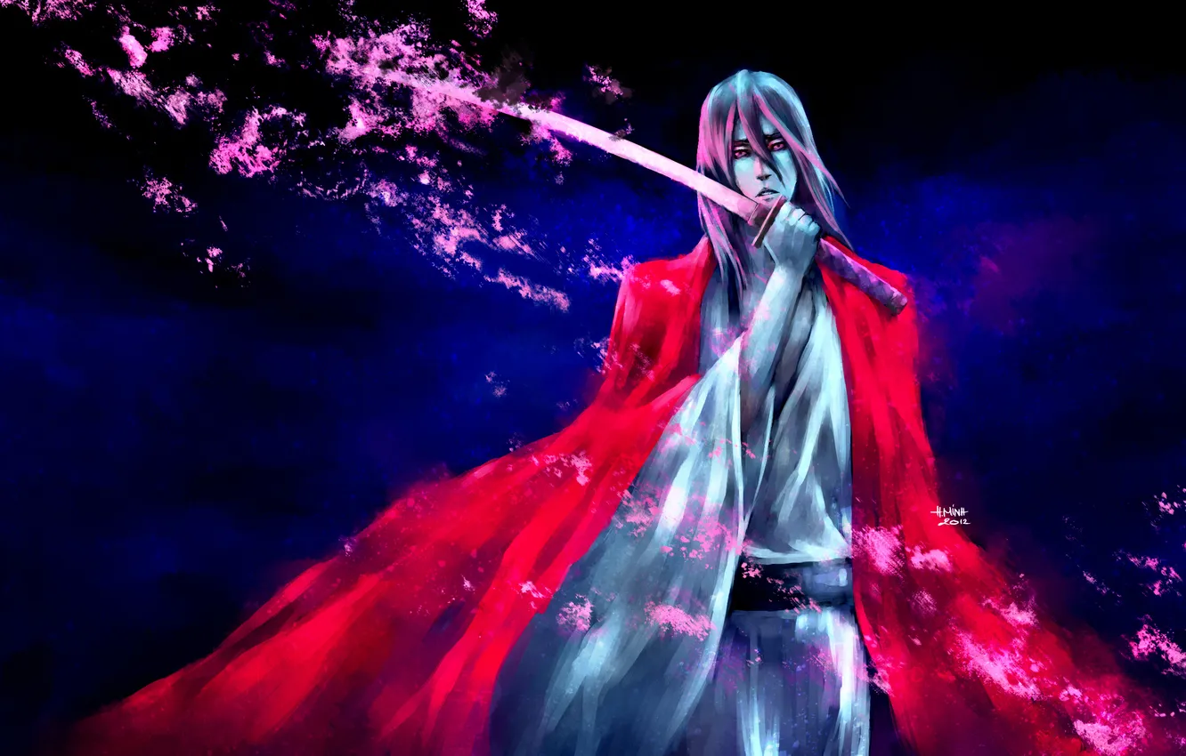 Фото обои фон, меч, катана, арт, парень, плащ, bleach, kuchiki byakuya