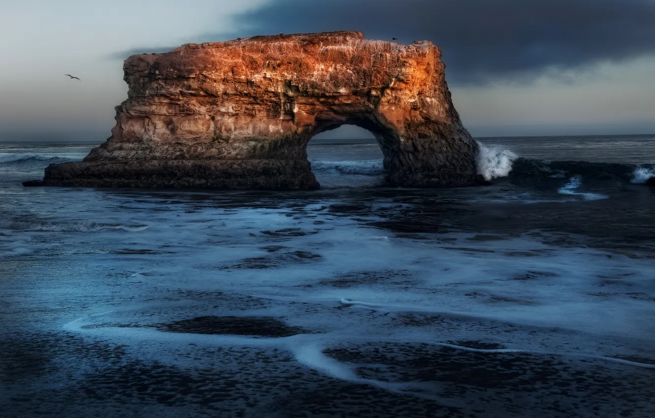 Фото обои море, скала, чайки, арка
