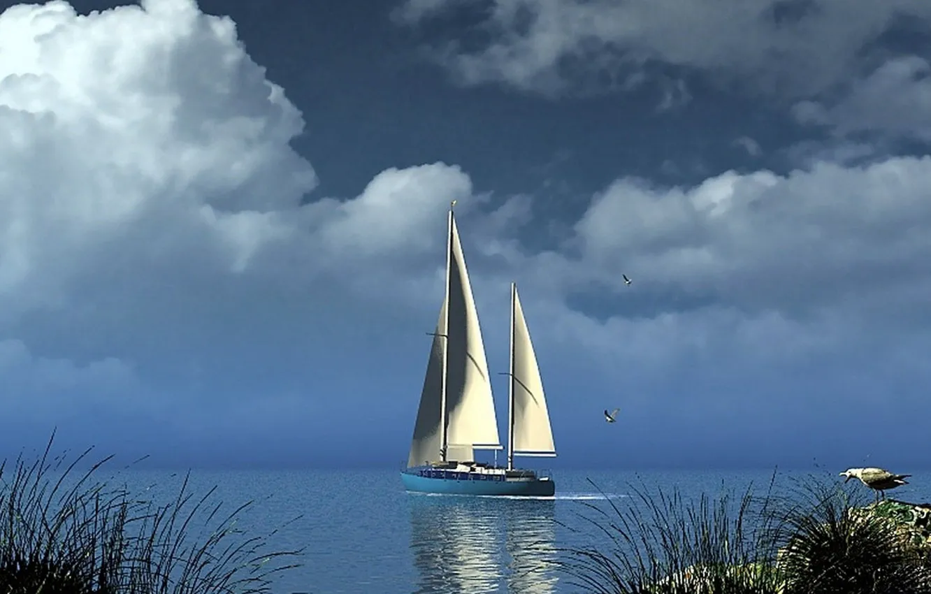 Фото обои sky, sea, clouds, shore, yacht, boat, sail, Seagull