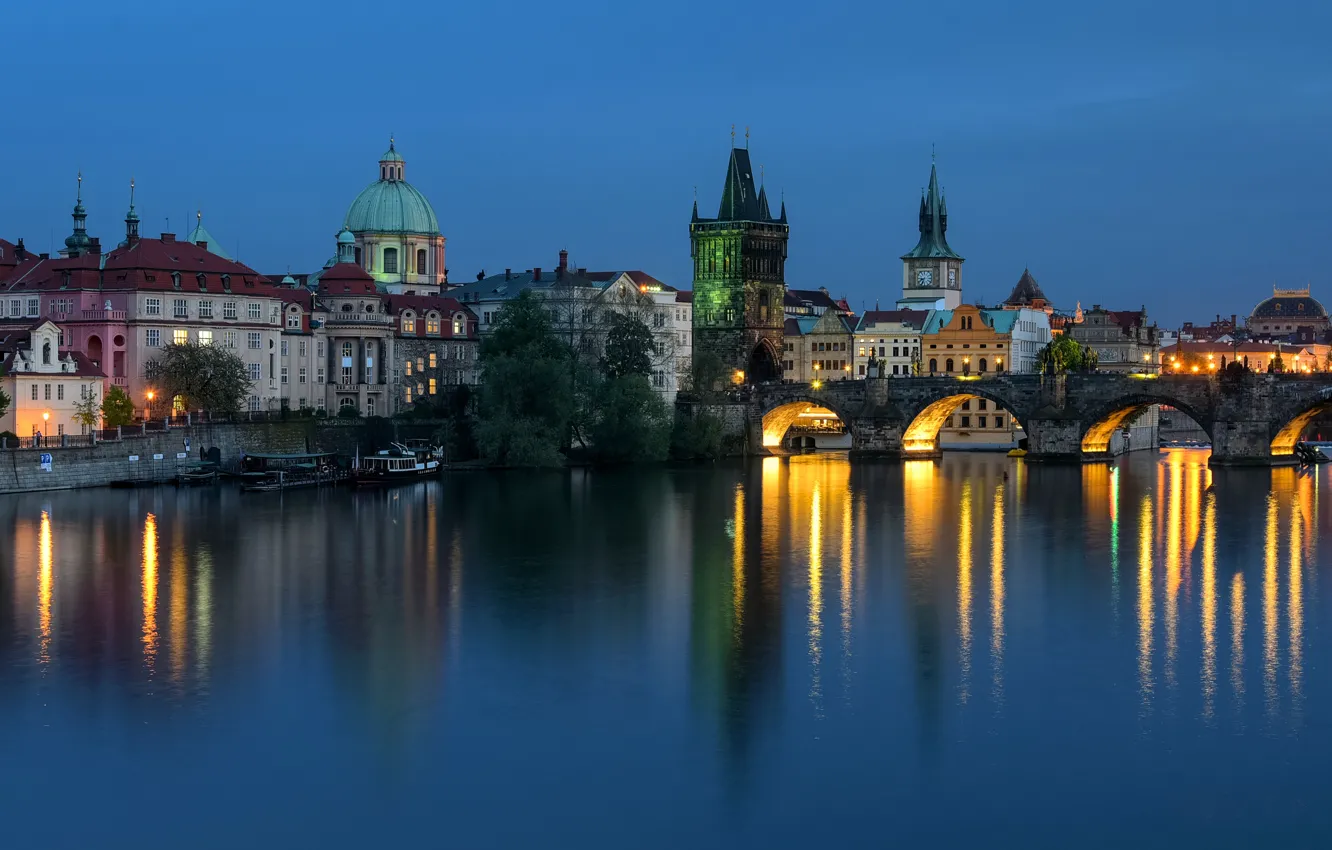 Фото обои огни, вечер, Прага, Чехия