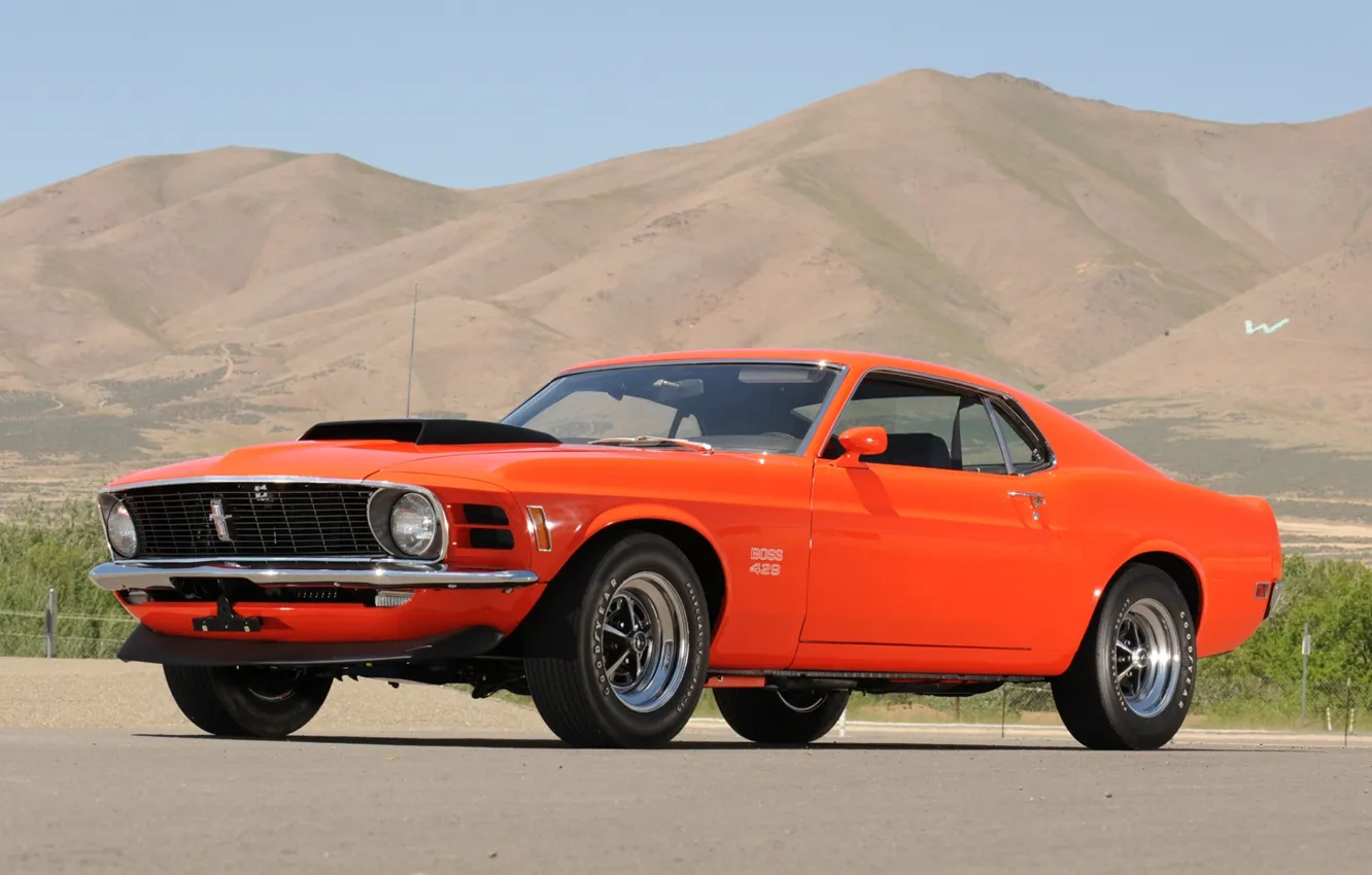 Фото обои небо, горы, оранжевый, Mustang, Ford, Форд, Мустанг, мускул кар