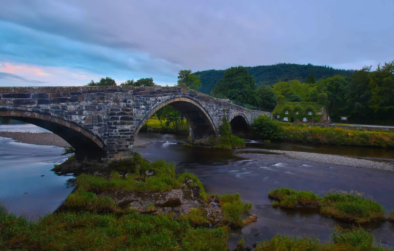 Фото обои мост, Англия, England, Уэльс, Wales, Llanrwst Bridge, Tu Hwnt I'r Bont, River Conwy