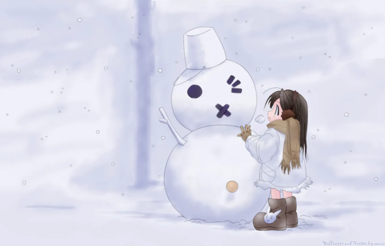 Фото обои снег, девочка, снеговик