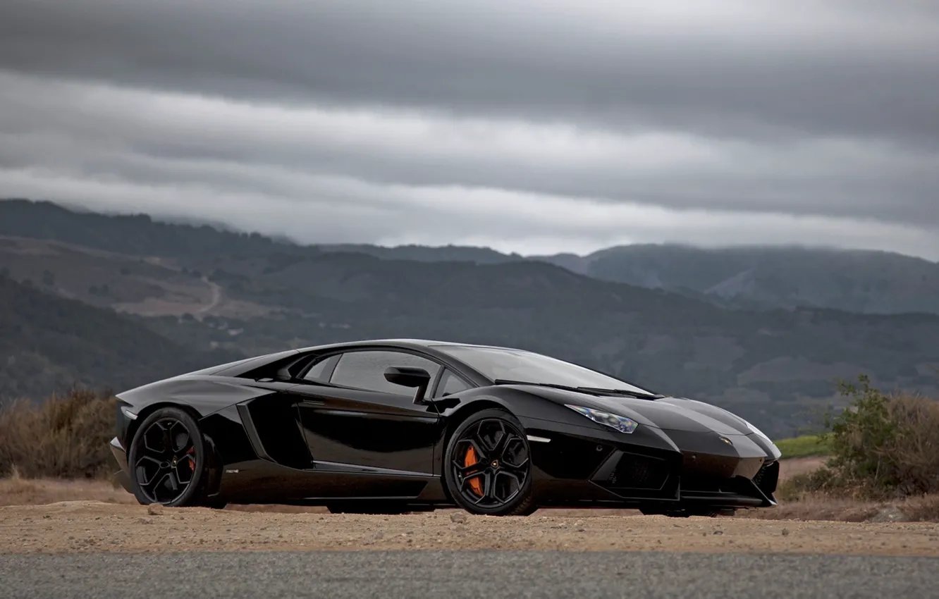 Фото обои Lamborghini, тачка, black, Aventador, Lamborghini-Aventador-passenger-side