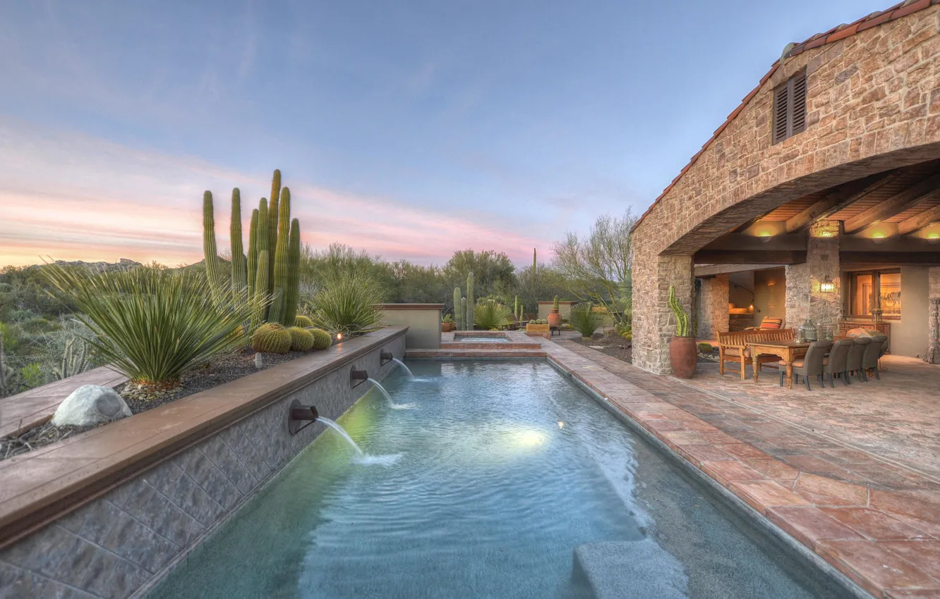 Фото обои бассейн, освещение, Аризона, кактусы, терраса, villa, Scottsdale, Скоттсдейл