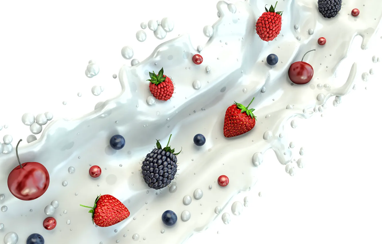 Фото обои брызги, ягоды, всплеск, молоко