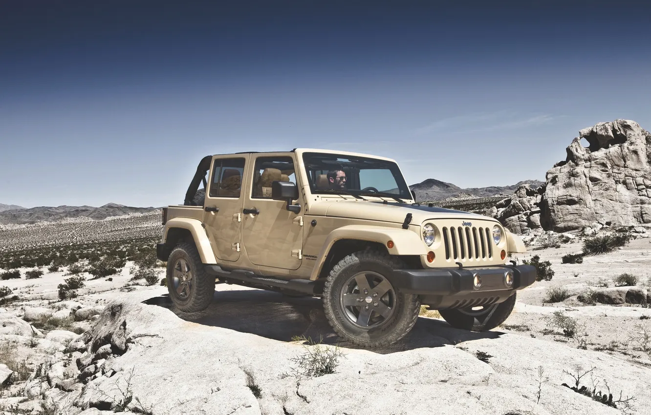 Фото обои Авто, Пустыня, Камни, День, wrangler, Jeep, Mojave