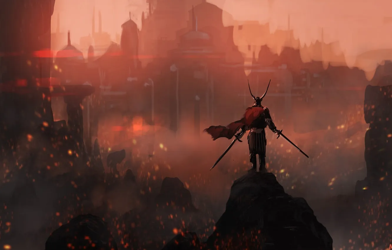 Фото обои огни, камень, Воин, рога, шлем, мечи, дворец