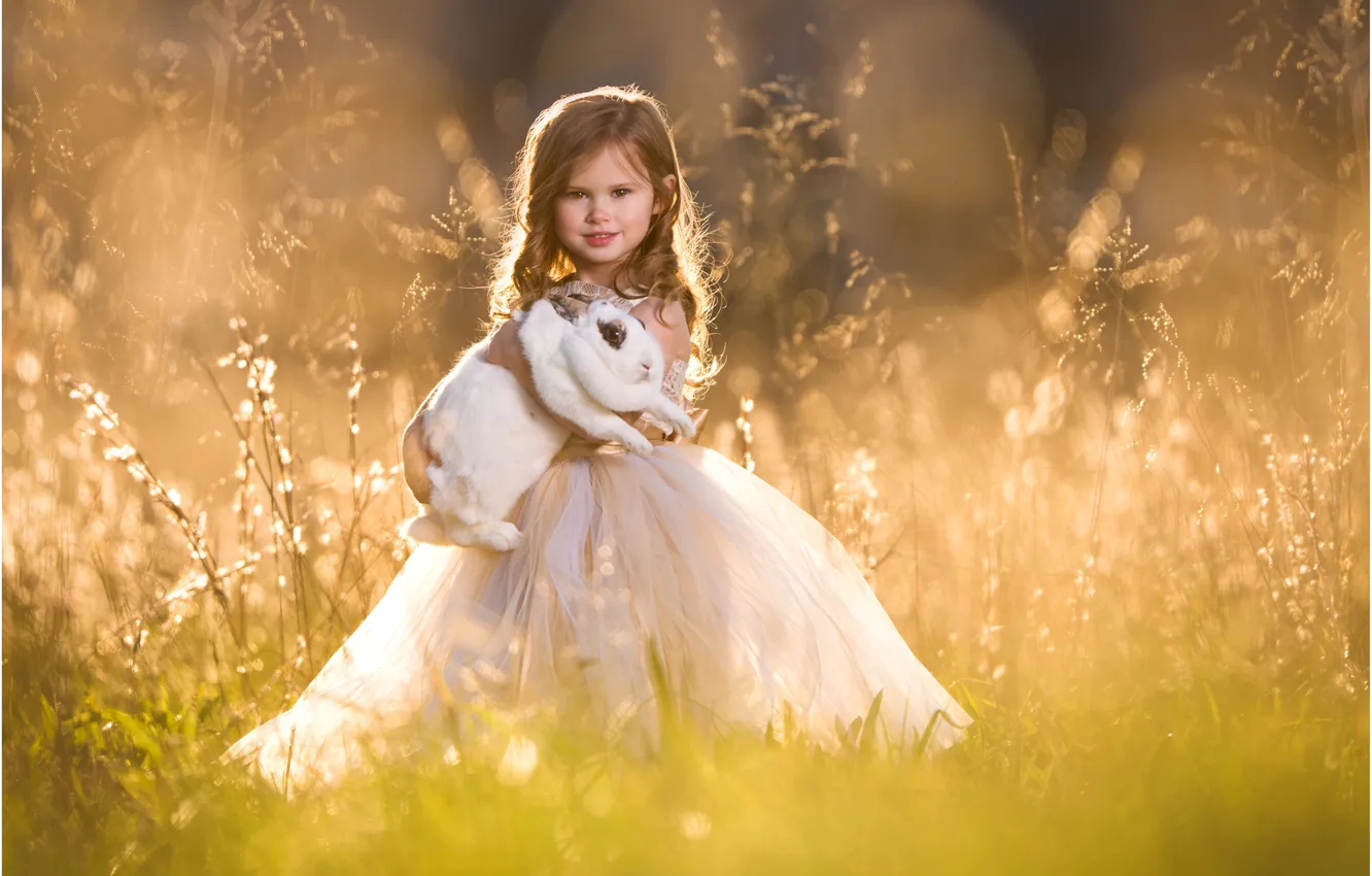 Фото обои трава, настроение, кролик, платье, луг, девочка