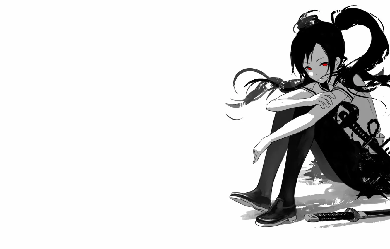 Фото обои девушка, меч, катана, красные глаза