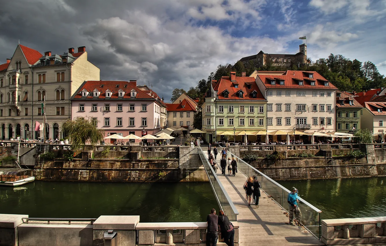 Фото обои улица, здания, дома, канал, мостик, bridge, street, Словения