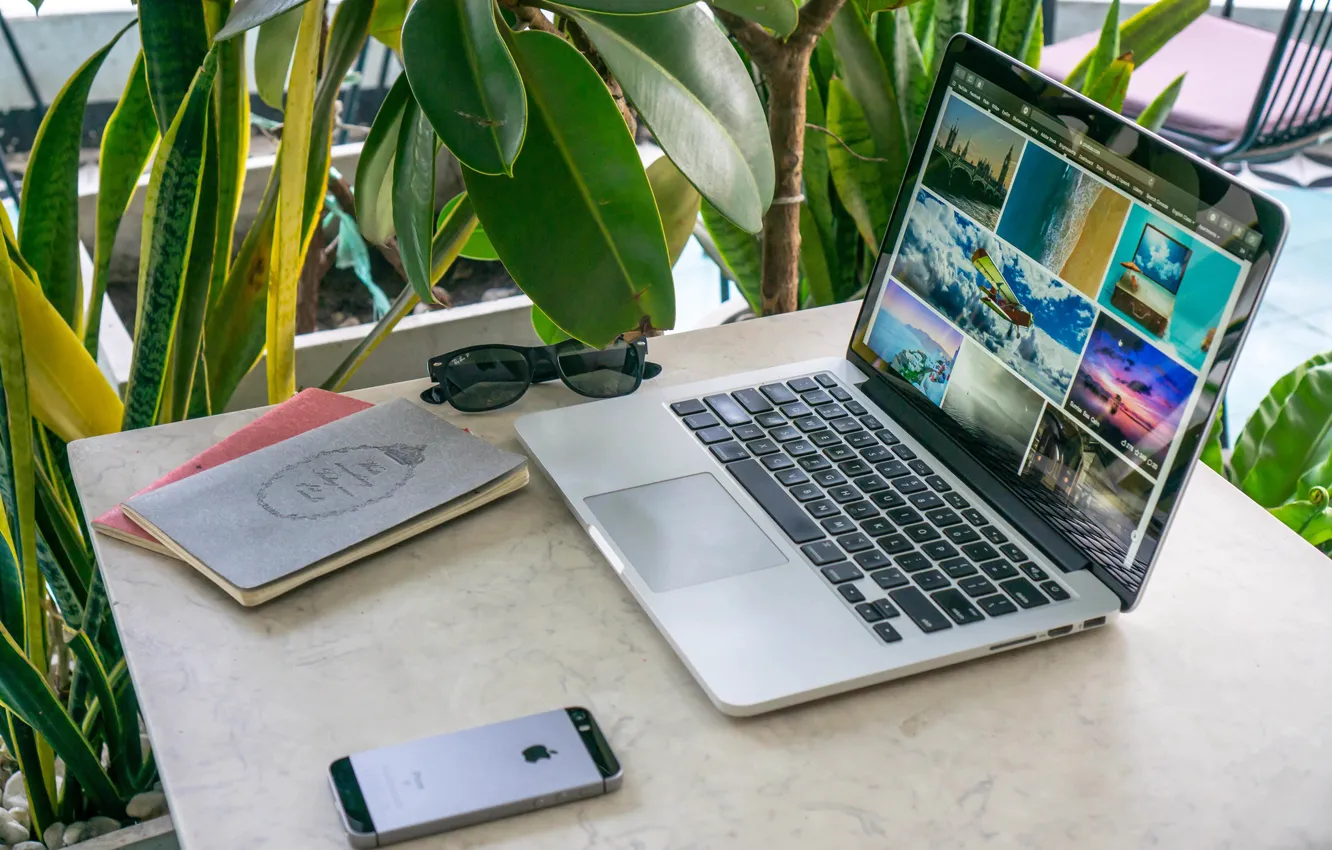 Фото обои стол, растение, очки, ноутбук, тетрадь, боке, смартфон