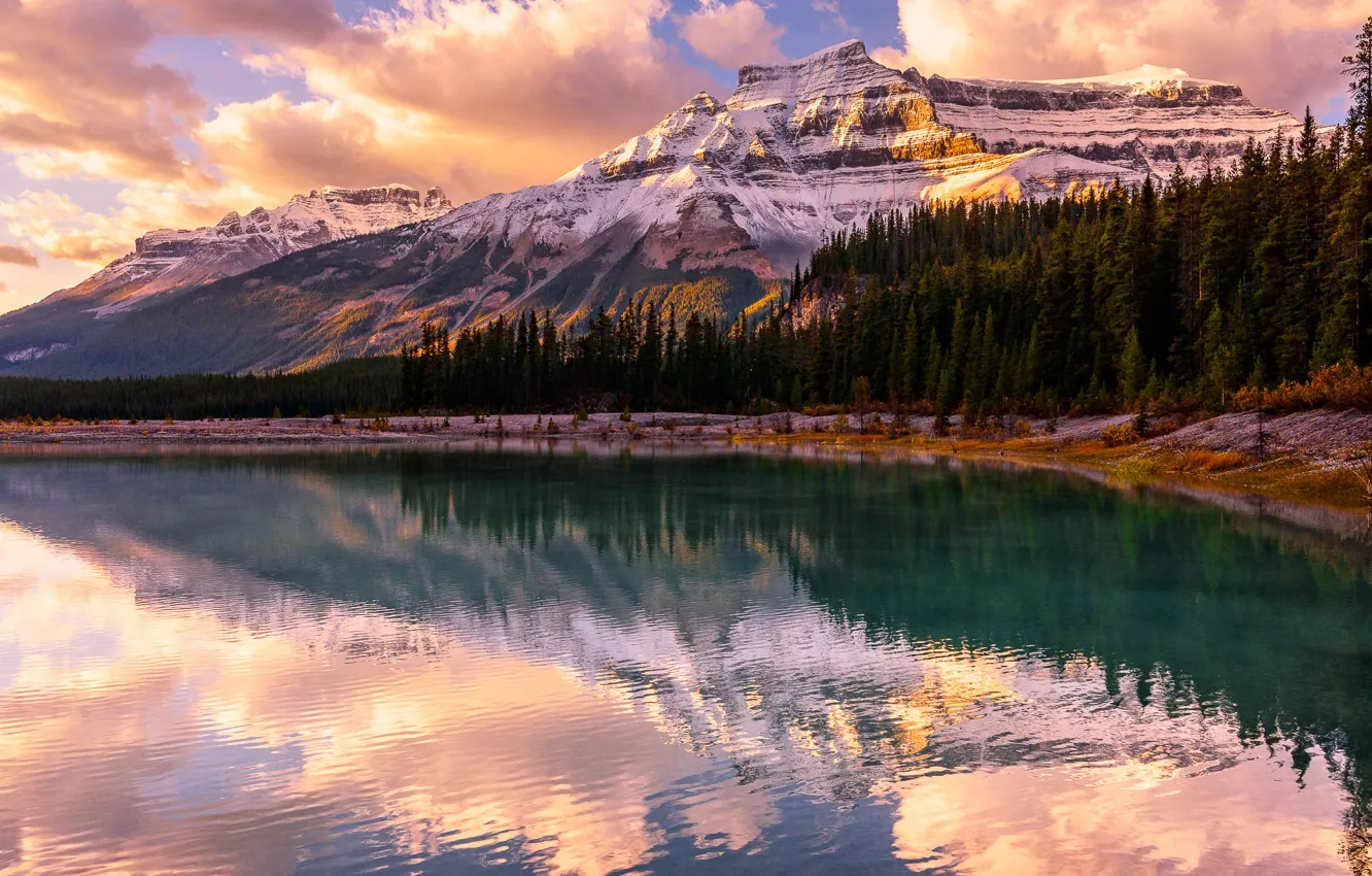 Фото обои лес, закат, горы, озеро, Banff National Park, Alberta, Canada