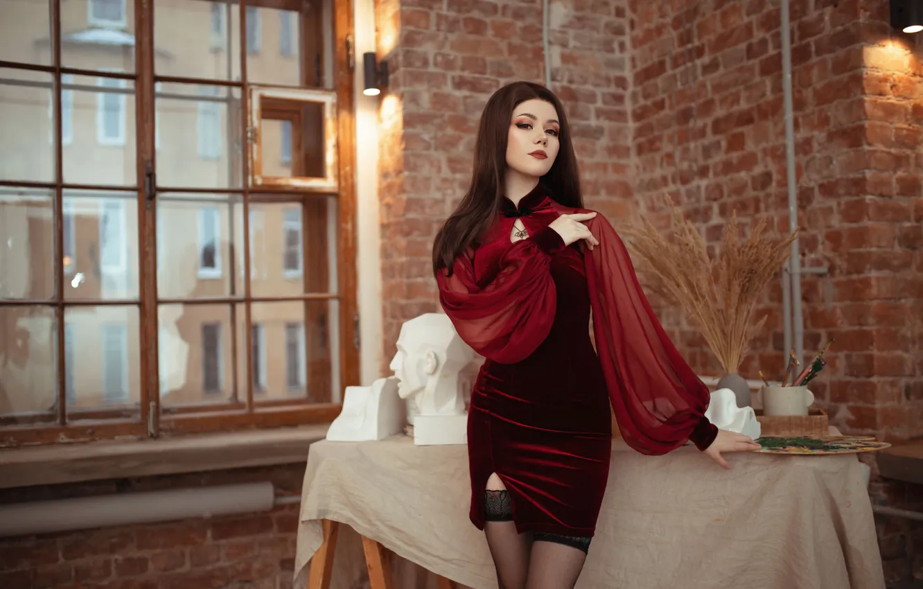 Фото обои взгляд, чулки, платье, ножки, длинные волосы, long hair, dress, eyes
