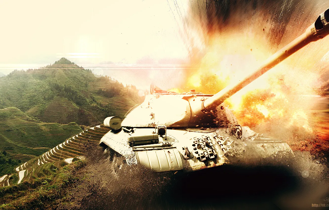 Фото обои горы, взрыв, огонь, арт, танк, СССР, танки, WoT