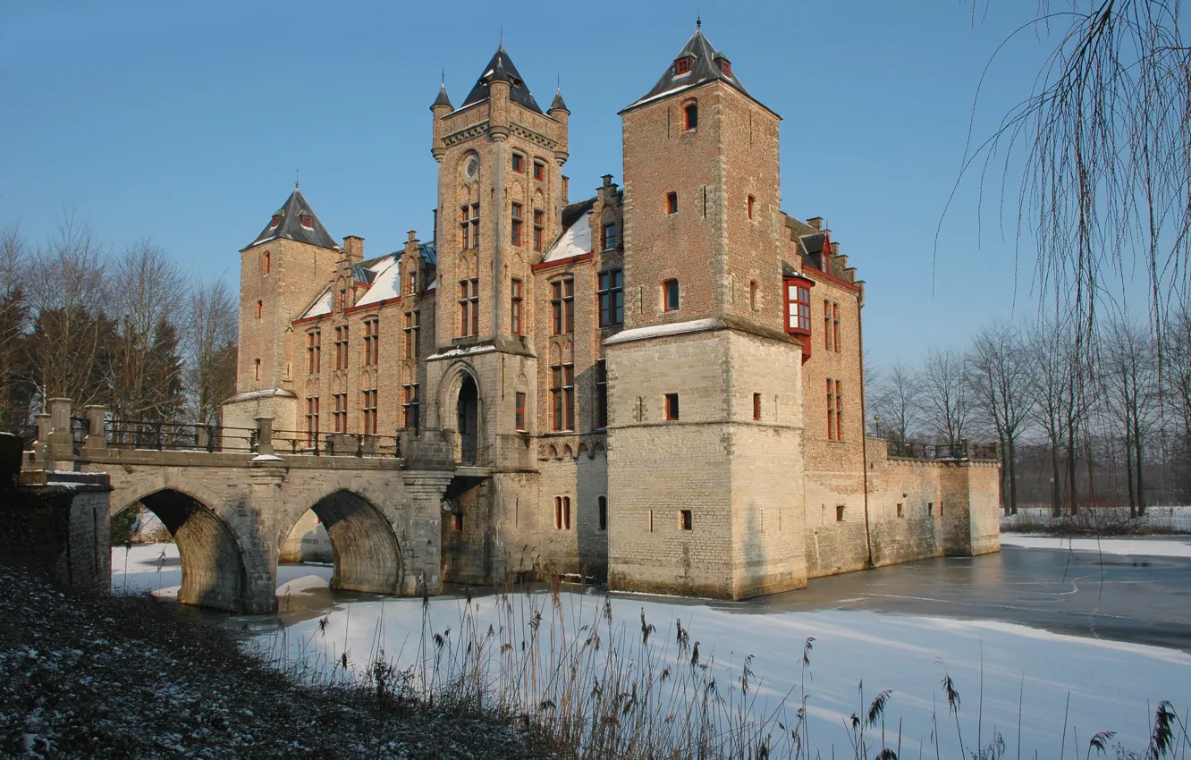 Фото обои Blue Sky, Winter, Belgium, Castle, Ice, Bruges, Tillegem