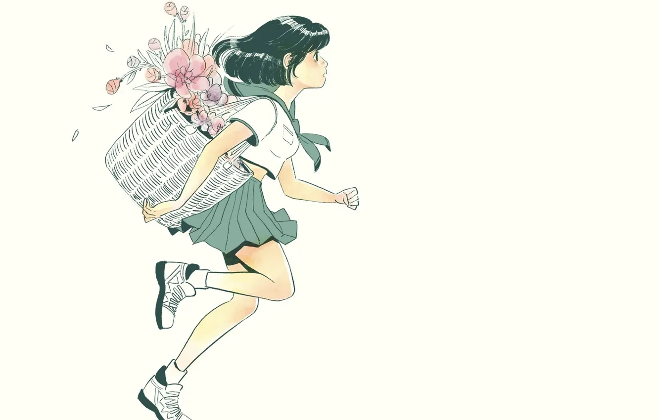 Фото обои цветы, корзина, ботинки, девочка, белый фон, школьница, бежит, матроска