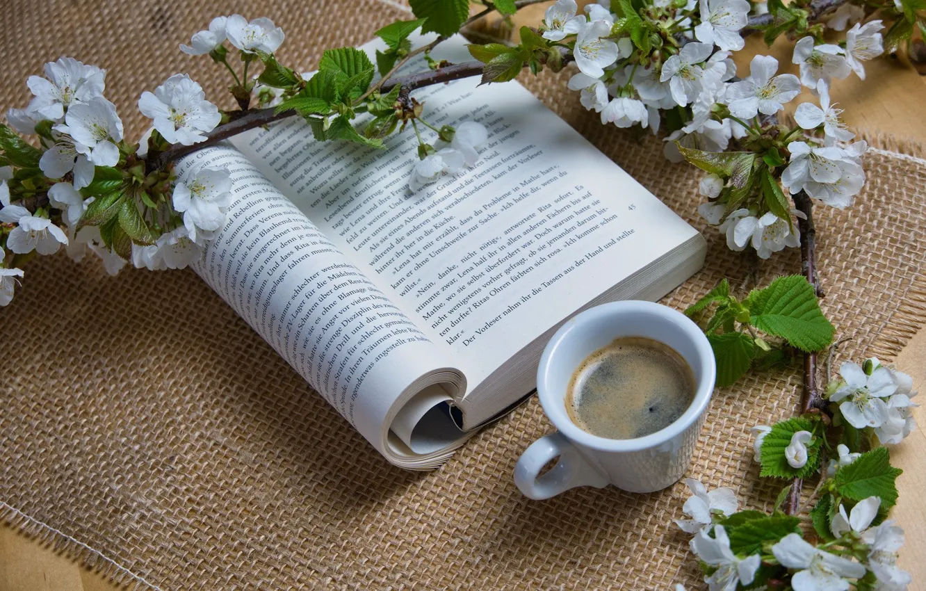 Фото обои цветы, кофе, ветка, чашка, книга