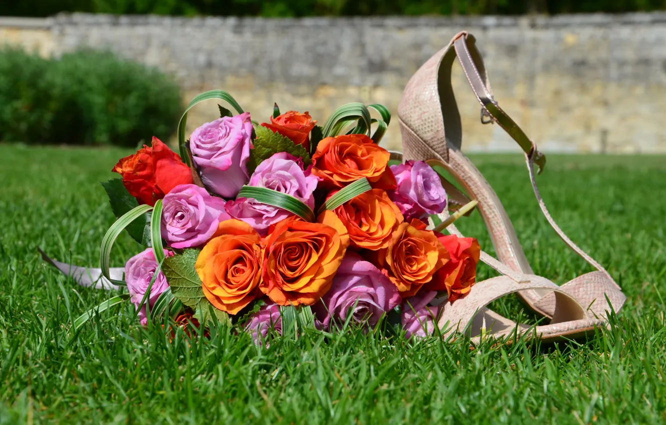 Фото обои Розы, травка, Свадебные Туфли