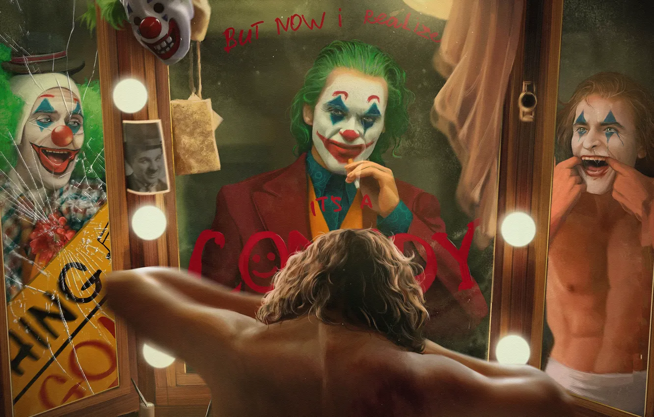 Фото обои улыбка, зеркало, арт, Джокер, art, Joker, Joaquin Phoenix, Хоакин Феникс