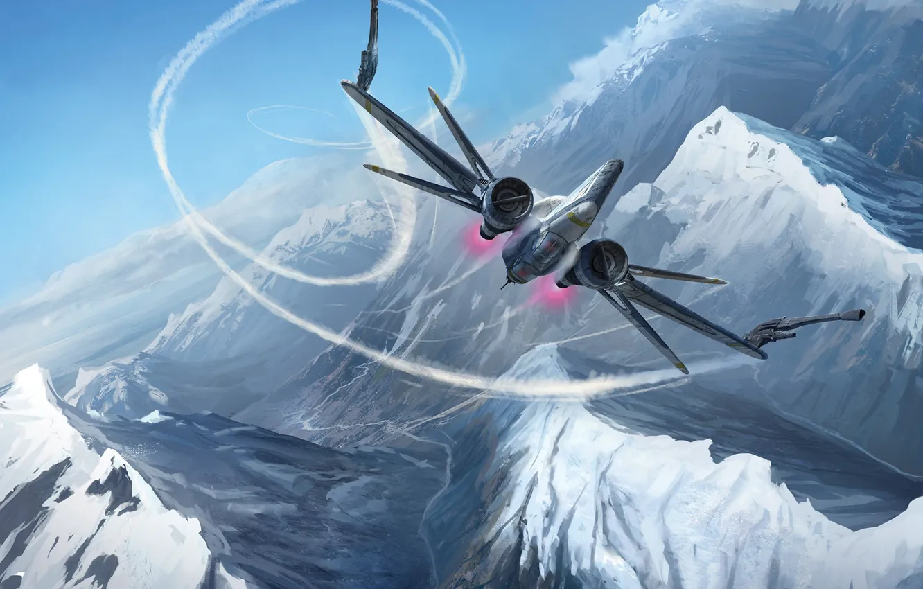 Фото обои горы, Star Wars, Звёздные Войны, летательный аппарат, X-Wing, Vectored Thrusters