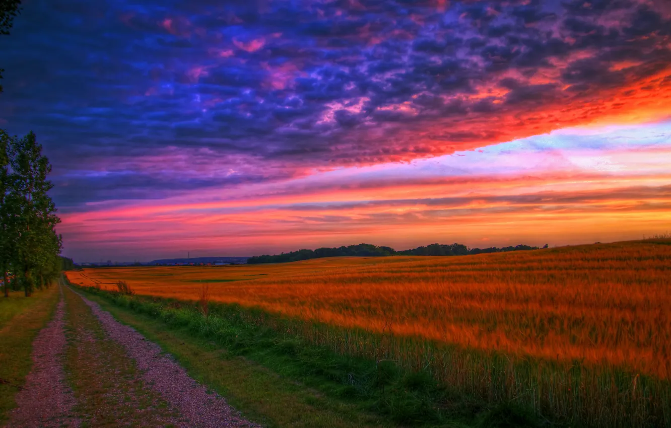 Фото обои дорога, пейзаж, закат, HDR