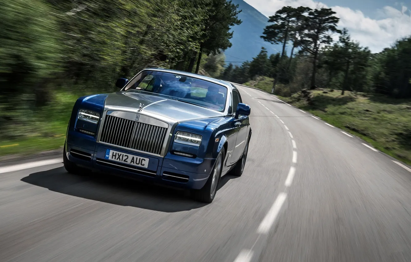 Фото обои Дорога, Синий, Rolls-Royce, Phantom, Машина, Coupe, передок, люкс