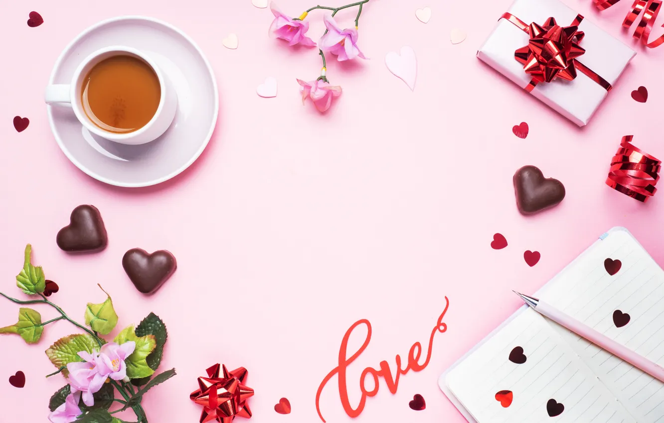 Фото обои цветы, подарок, кофе, ручка, чашка, блокнот, день святого валентина, Myfoodie