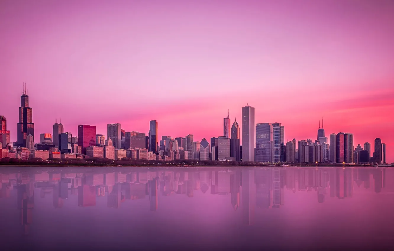 Фото обои закат, отражение, зеркало, горизонт, Чикаго, Иллинойс, озеро Мичиган
