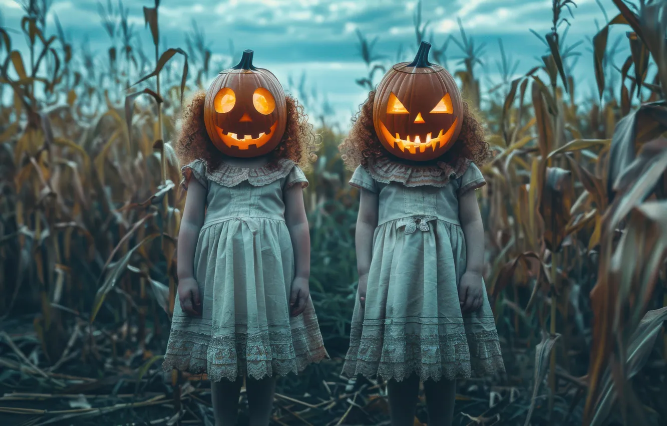 Фото обои Тыквы, Платье, Halloween, Хэллоуин, Двое, Девочки, Цифровое искусство, ИИ-арт