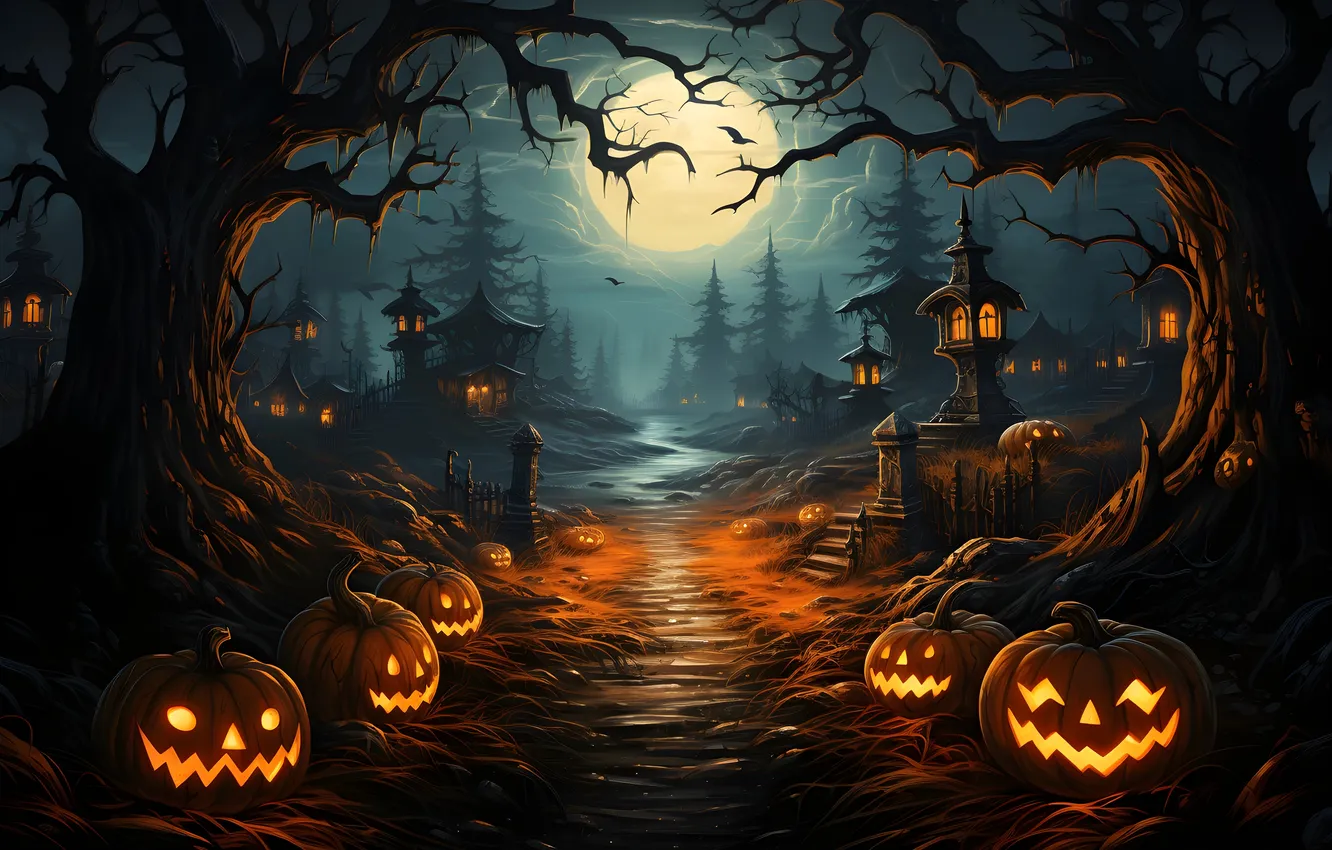Фото обои Дома, Ночь, Деревья, Луна, Тыквы, Halloween, Хэллоуин, Летучие мыши