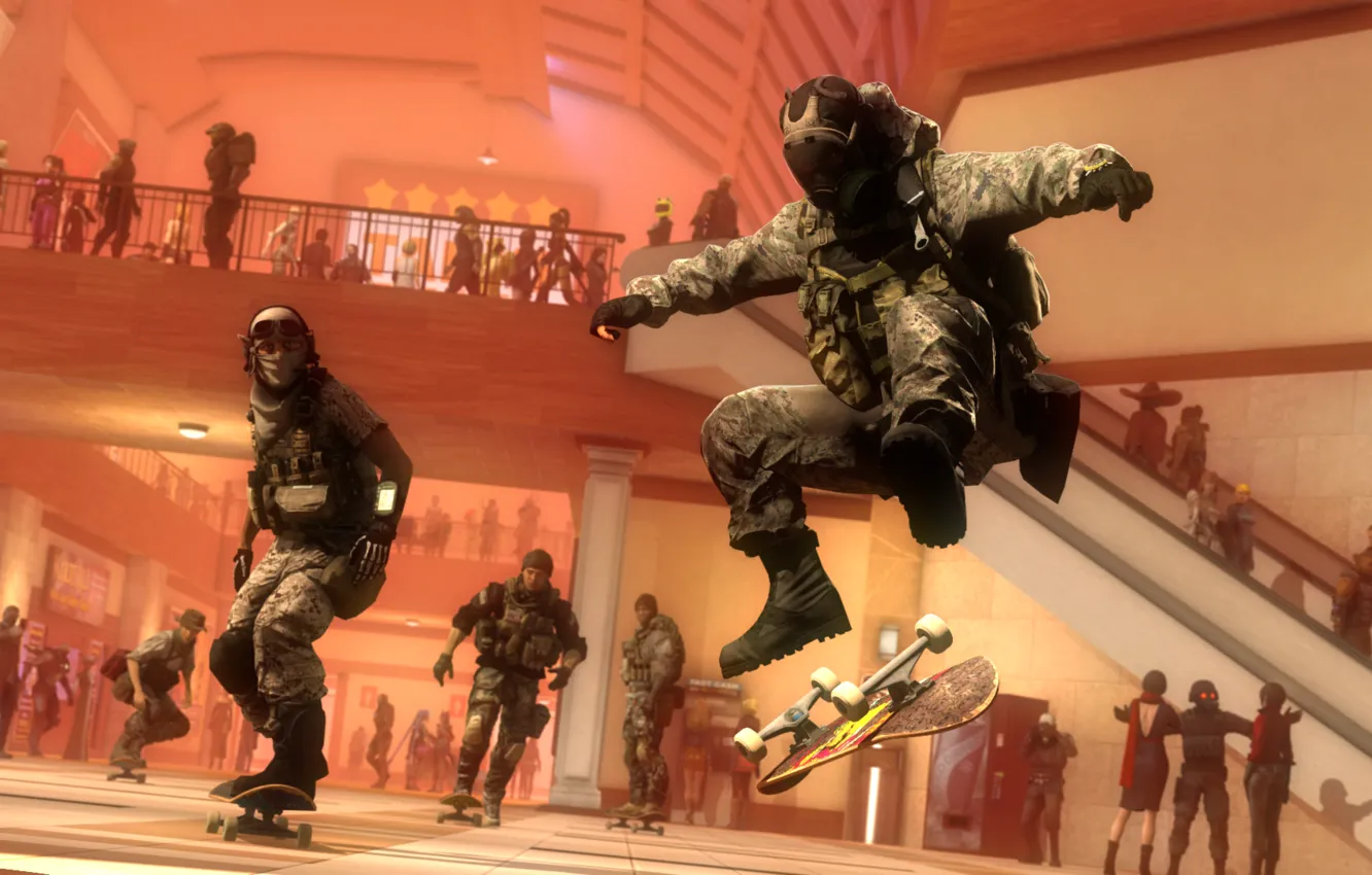 Фото обои солдат, доска, скейт, трюк, skateboard, Kickflip