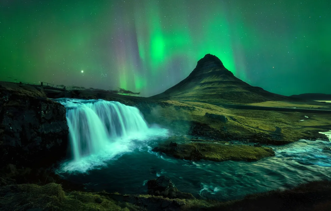 Фото обои ночь, река, гора, водопад, красота, Норвегия, поток воды, Iceland