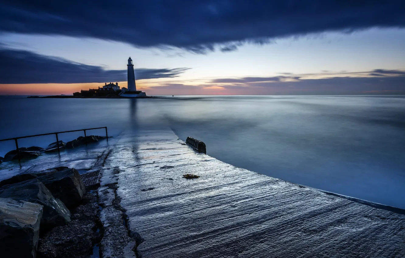 Фото обои море, ночь, берег, маяк