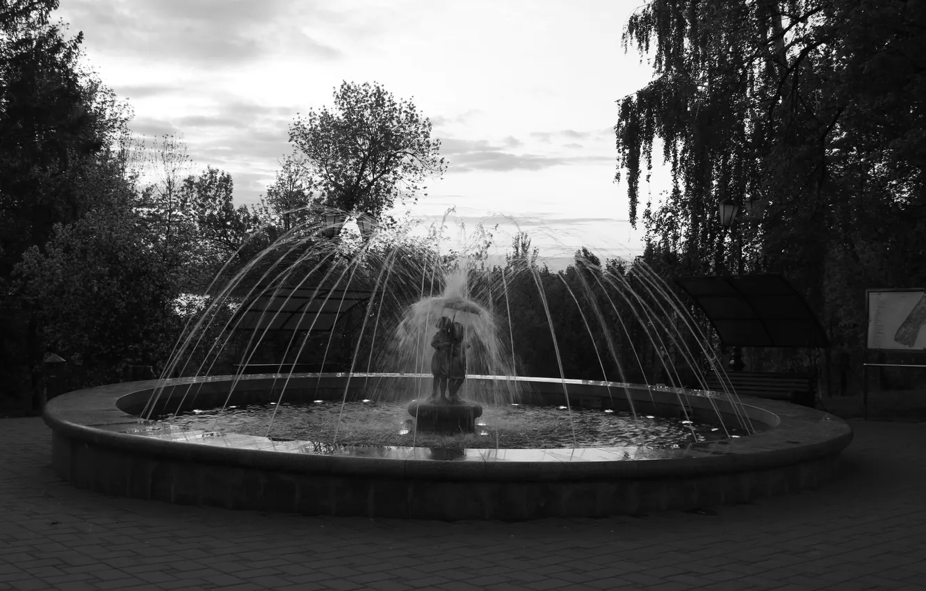 Фото обои небо, вода, деревья, город, чёрно-белое, вечер, фонтан, скульптура