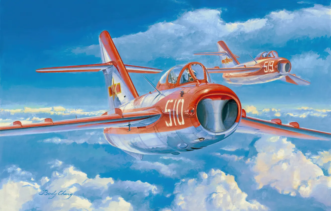 Фото обои war, art, painting, aviation, russian chinese mig, Shenyang J-5