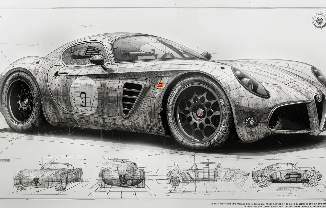 Фото обои car, дизайн, black & white, чертеж, черно-белое, автомобили, design, sketch