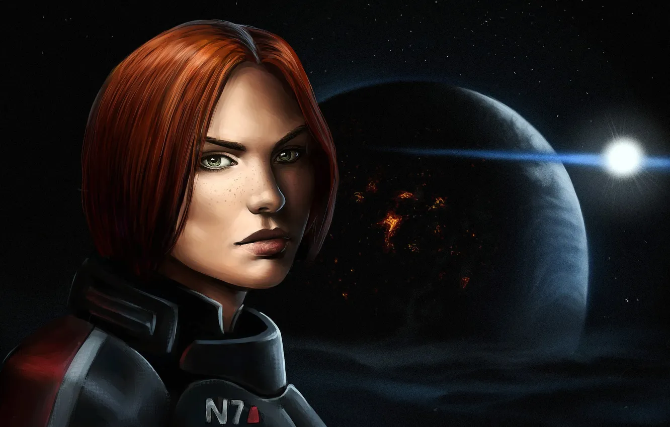 Фото обои взгляд, женщина, игра, арт, Mass Effect, Шепард