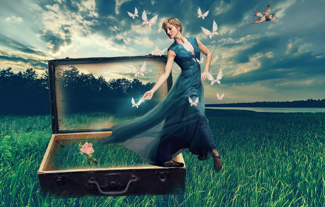 Фото обои зелень, поле, лето, небо, трава, девушка, облака, деревья