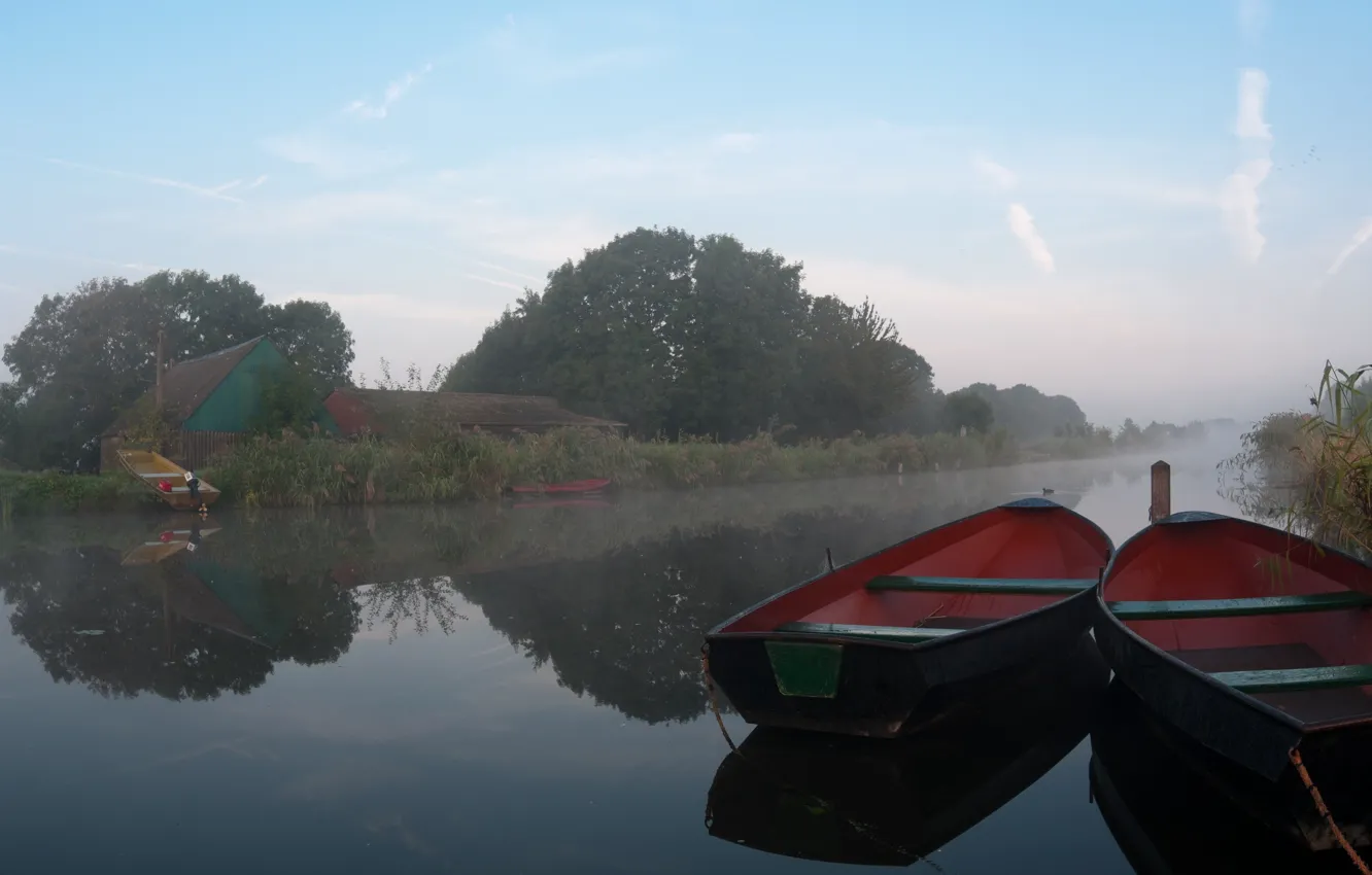 Фото обои туман, река, Лодки
