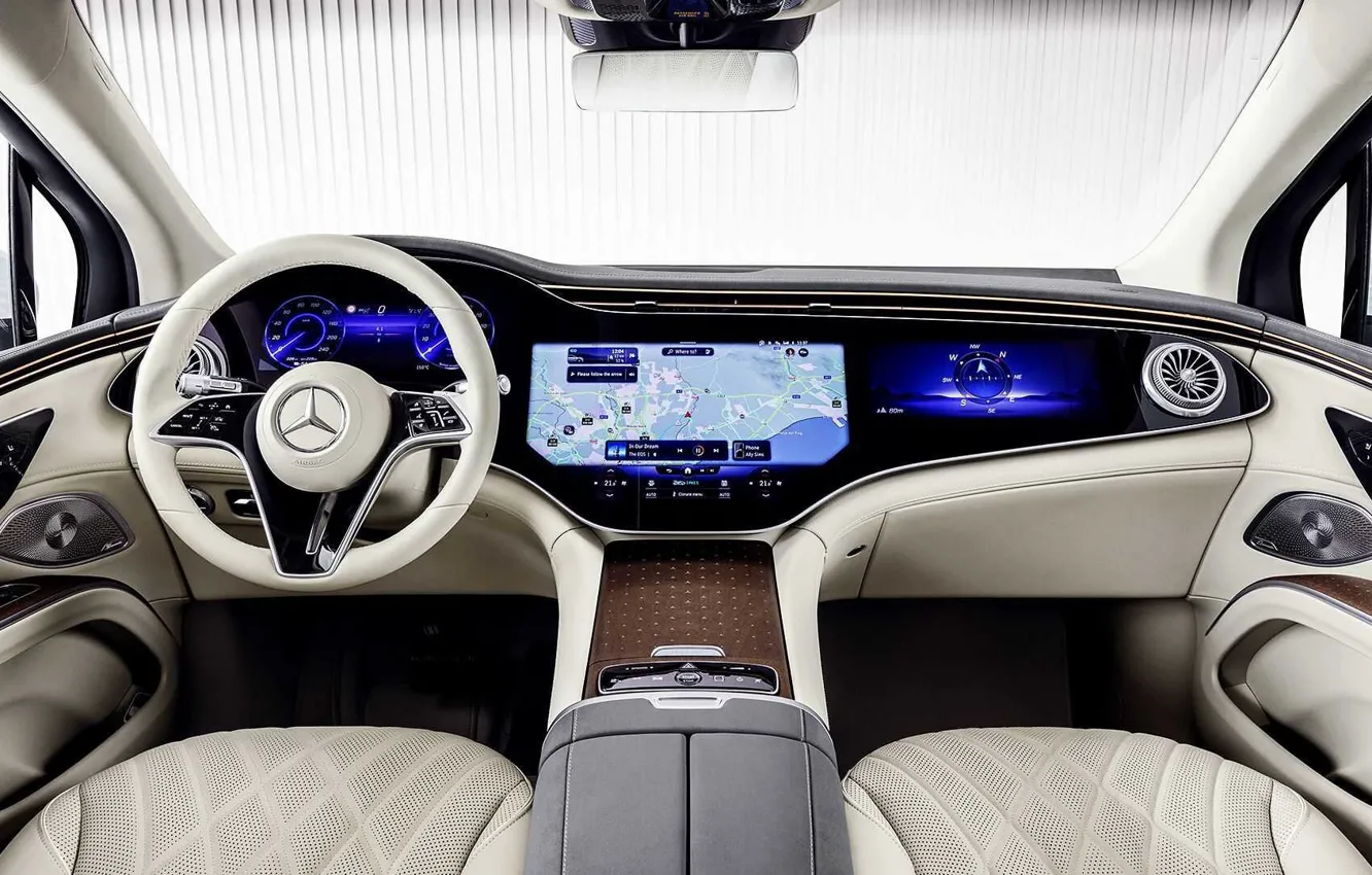 Фото обои дизайн, Mercedes-Benz, руль, консоль, SUV, салон автомобиля, приборная доска, EQS