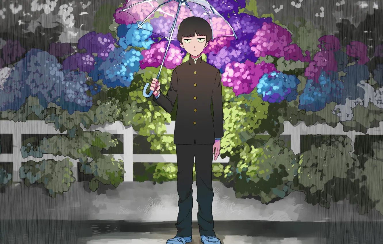 Фото обои цветы, дождь, зонт, парень, Mob Psycho 100, Кагеяма Шигео, Моб психо 100