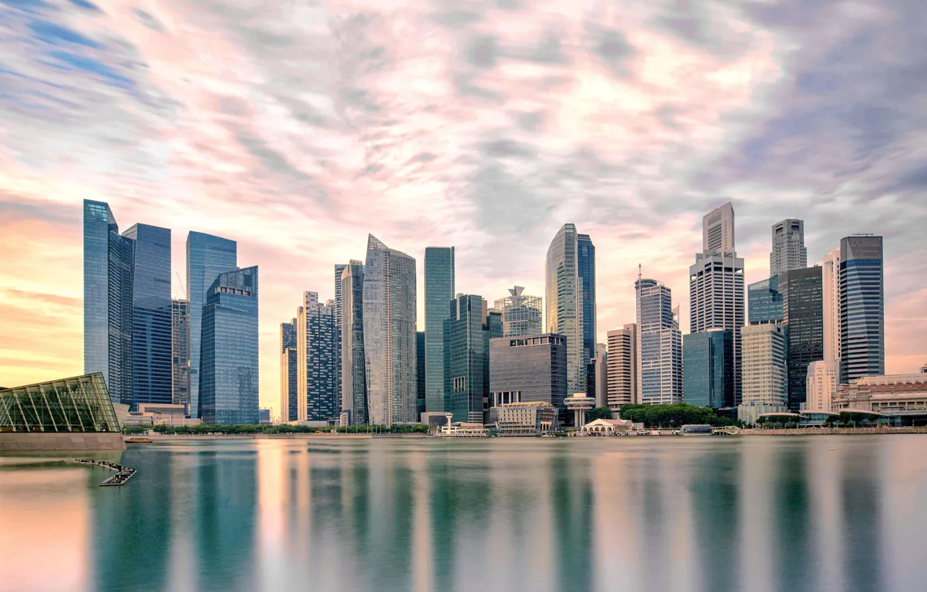 Фото обои river, sky, sea, panorama, night, singapore, scene, reflection