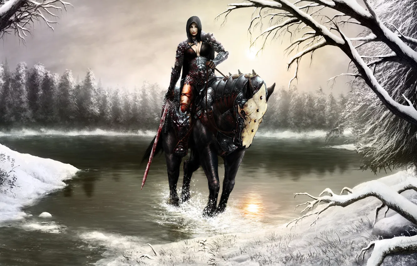 Фото обои зима, девушка, воин, на коне, Death Dealer