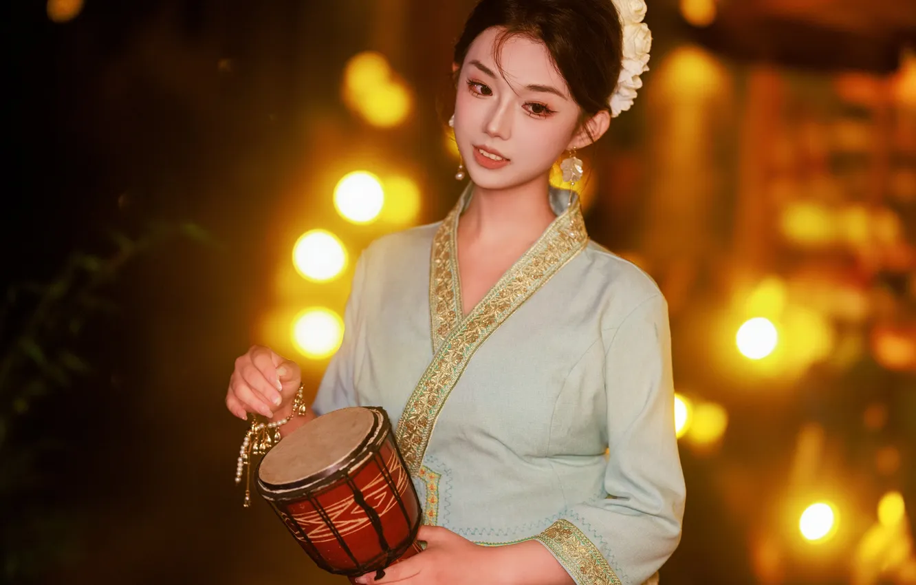 Фото обои Beautiful, Asian, Model, Woman, Drum, kimono, Pretty, Traditional