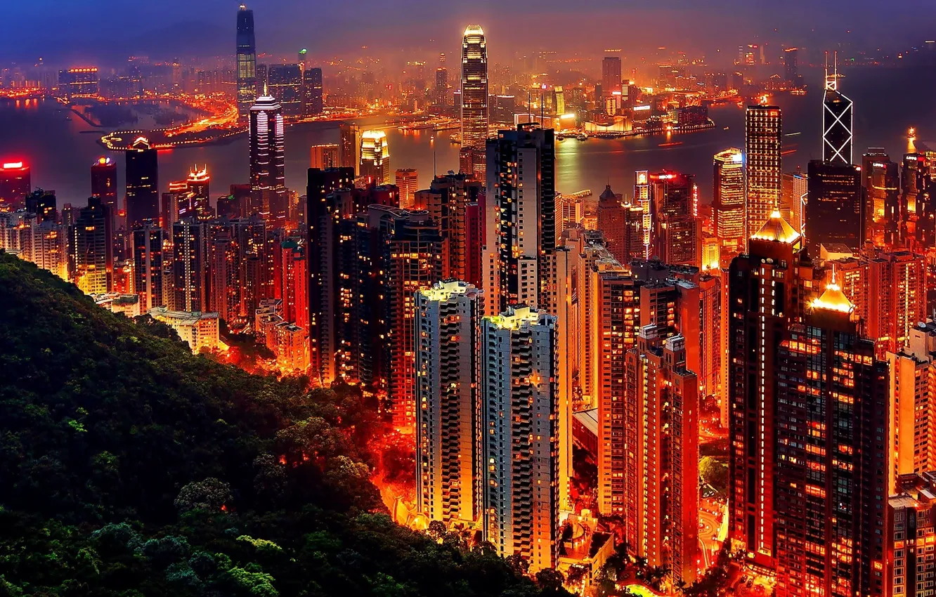 Фото обои ночь, город, огни, здание, панорама, Hong Kong