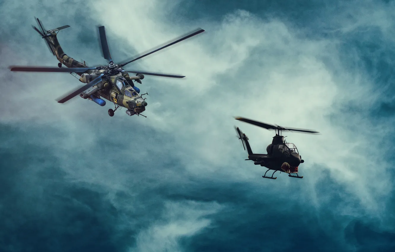 Фото обои Вертолет, Кобра, США, Россия, Photoshop, Cobra, AH-1, Bell AH-1
