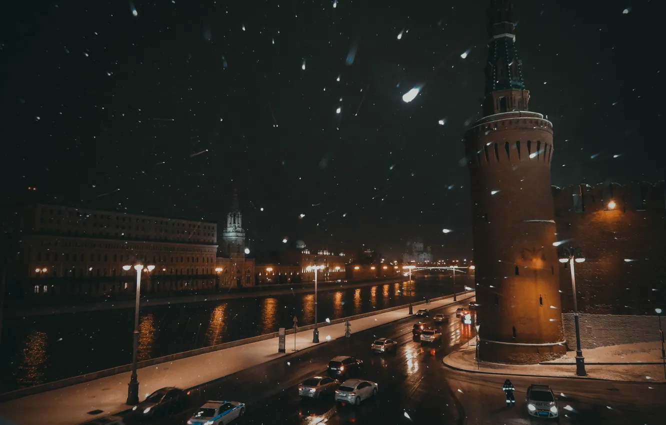 Фото обои зима, снег, мост, река, Москва, метель, красная площадь, Москва река