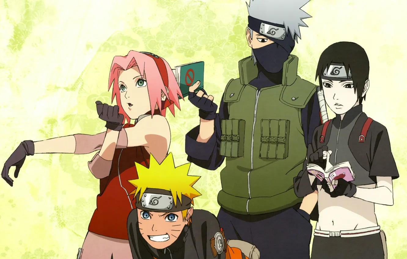 Фото обои книга, повязка, Naruto, Sakura, отряд, жилет, ninja, Hatake Kakashi