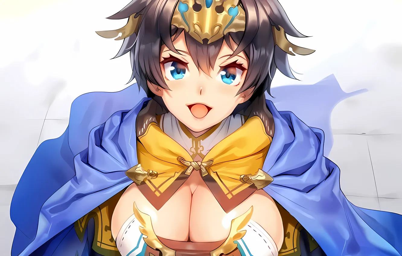 Фото обои girl, sexy, cleavage, blouse, brown hair, boobs, anime, blue eyes